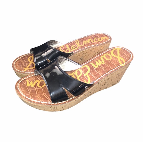 Sam Edelman Reid Black Patent Wedge Cork Sandals - Picture 3 of 11